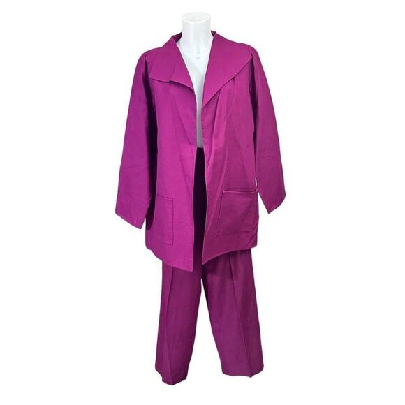 Eileen Fisher Vintage Magenta 2 Pc Open Front Oversized Blazer & Silk Pants sz L - Picture 1 of 12